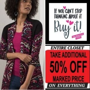 Chico's Vibrant Black and Pink Cardigan. NWOT Size Chico's 2 US Large